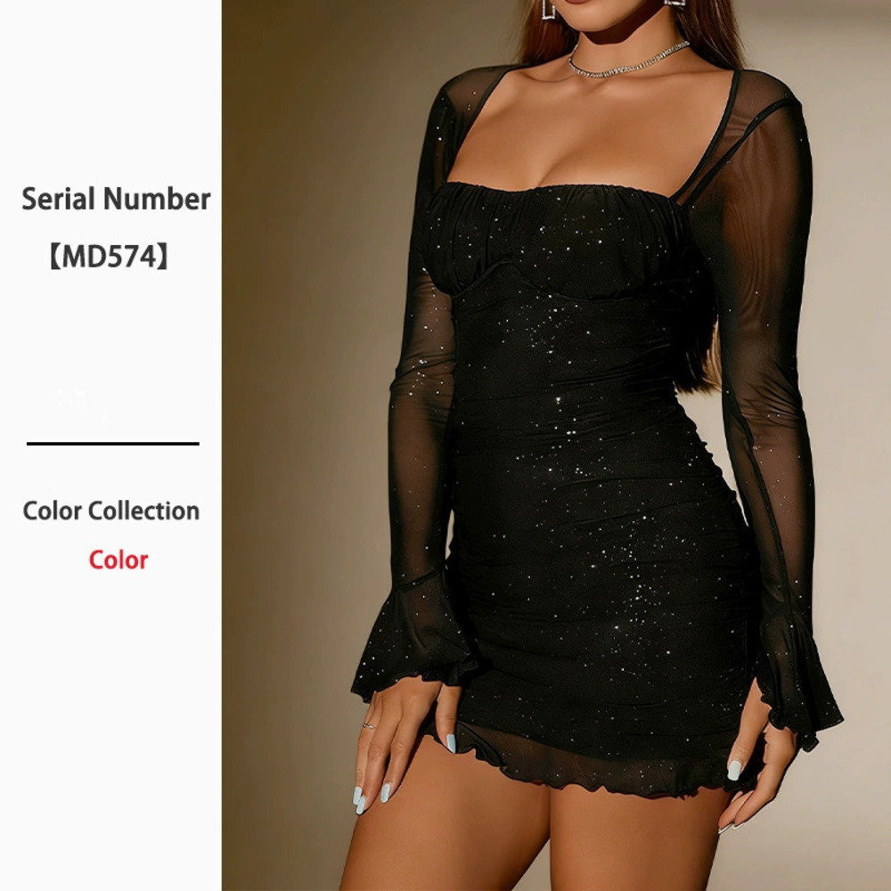 Sexy Sheer Sequin Square Neck Backless Mesh Long Sleeve Bodycon Mini Dress